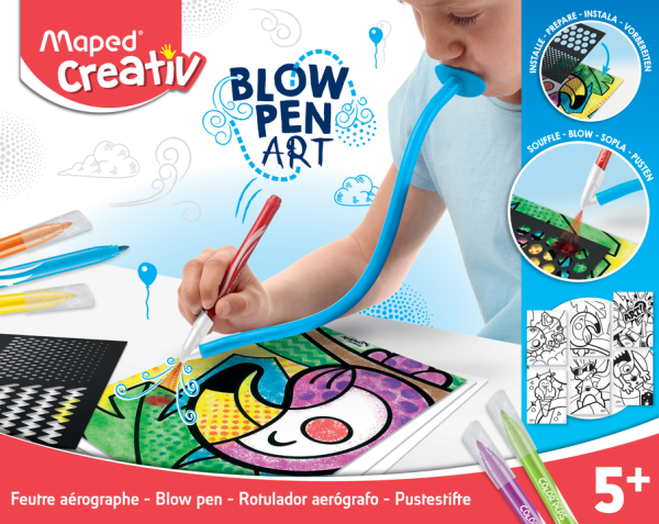 Preces attēls MAPED Creativ 6 krāsu pūšamie flomāsteri "Blowpen Art", 6 kartiņas, trafarets 5+