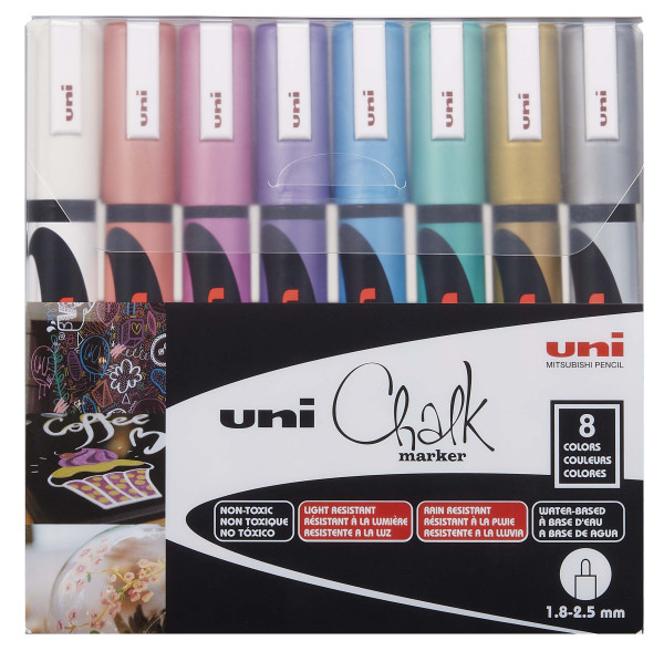 Preces attēls Marķieris-krīts UNI Chalk PWE-5M metalizēts, 8 krāsu komplekts