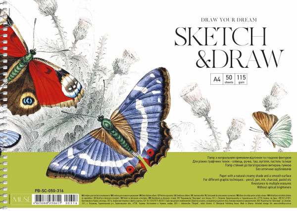 Preces attēls Skiču albums ar spirāli MUSE A4 50lp krēmkrāsā papīrs 115g/m2 "Sketch & Draw" (dizains 00316)