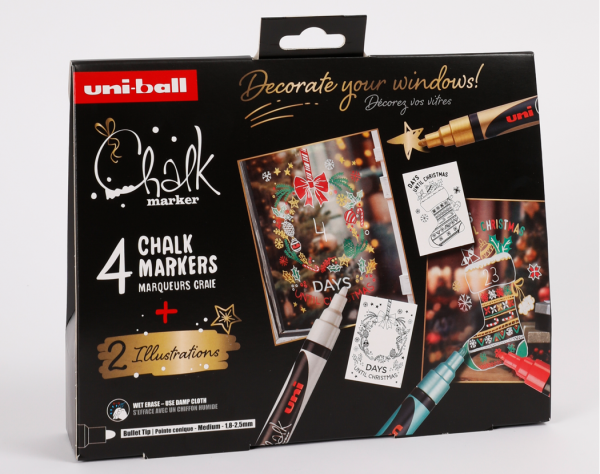 Preces attēls Marķieru-krītu UNI Chalk PWE-5M komplekts N01 "Christmas Tradicional" 4 krāsas