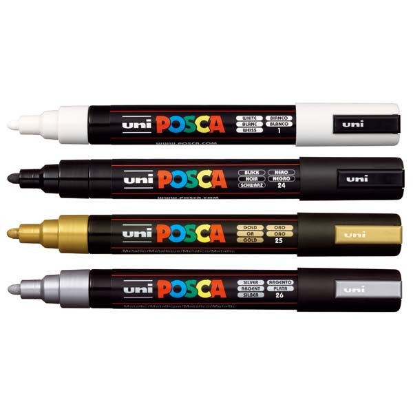 Preces attēls Marķieri ūdens bāzes UNI Posca PC-5M 4 krāsas, Mono LV