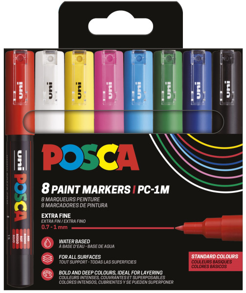 Preces attēls Marķieris ūdens bāzes UNI Posca PC-1M 8 krāsas kartona kastītē, Standard colours